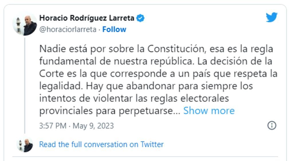 Tuit de Rodríguez Larreta luego de que la Corte Suprema suspendiera las elecciones en San Juan.