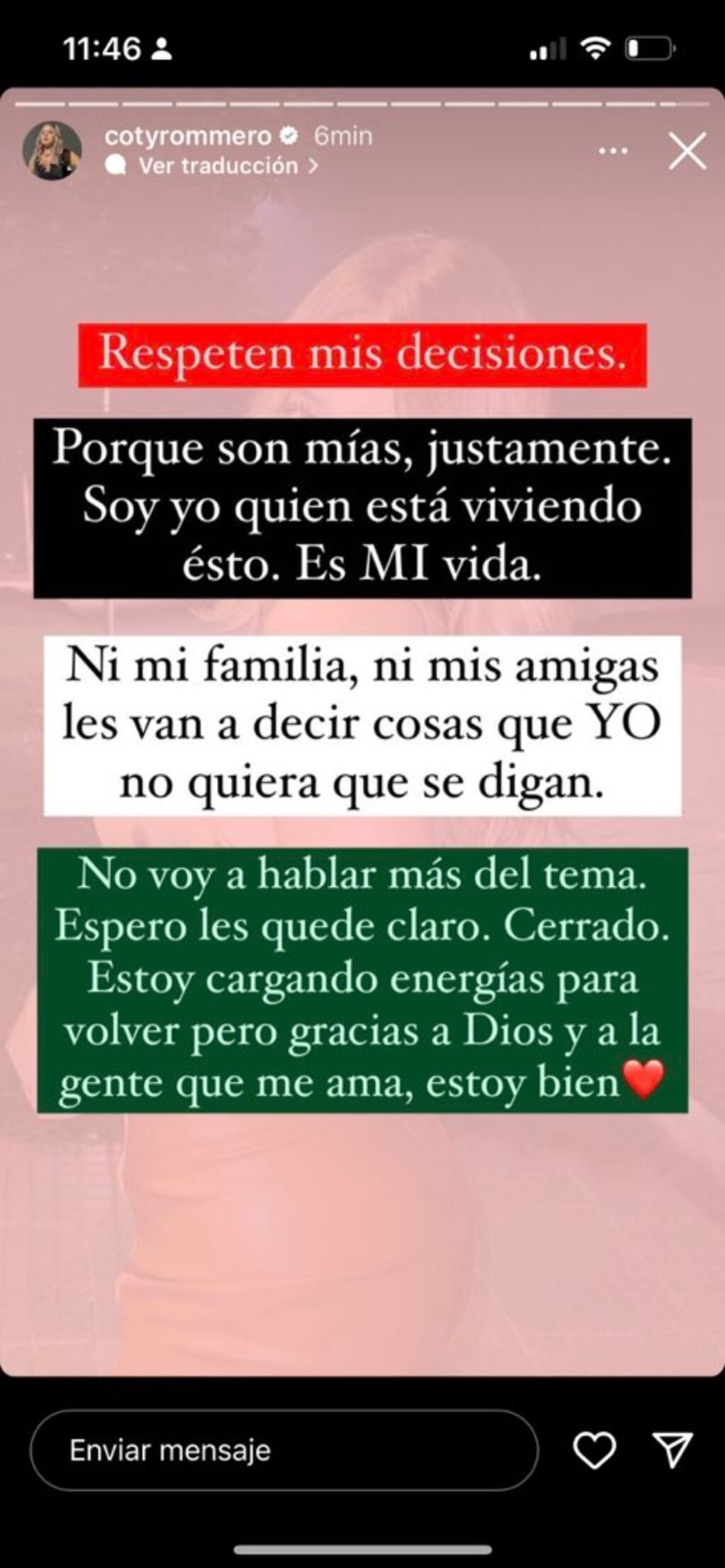 Las declaraciones de Coti Romero en Instagram