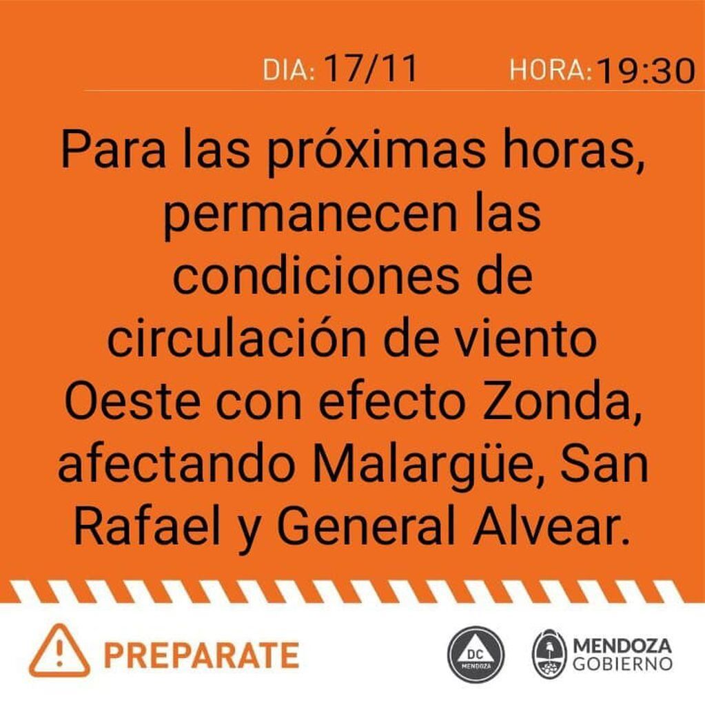 Comunicado de Defensa Civil para la tarde-noche de este viernes 17/11/2023.