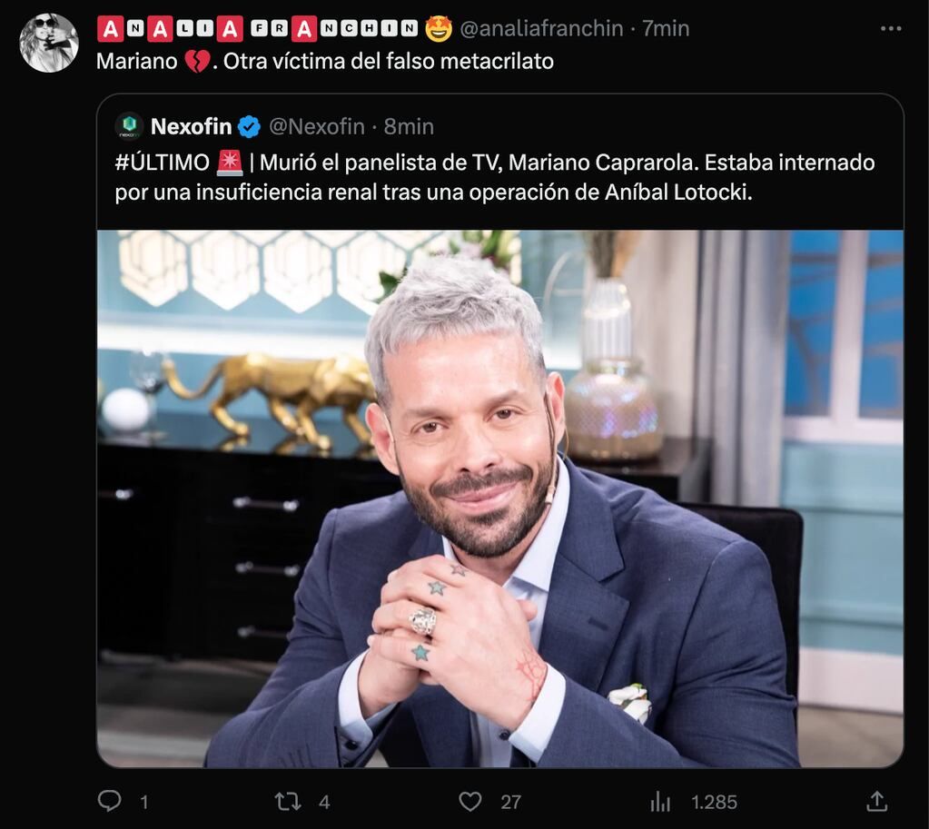 La reacción de Analía Franchín al enterarse de la muerte de Mariano Caprarola. (Foto: Captura de pantalla)