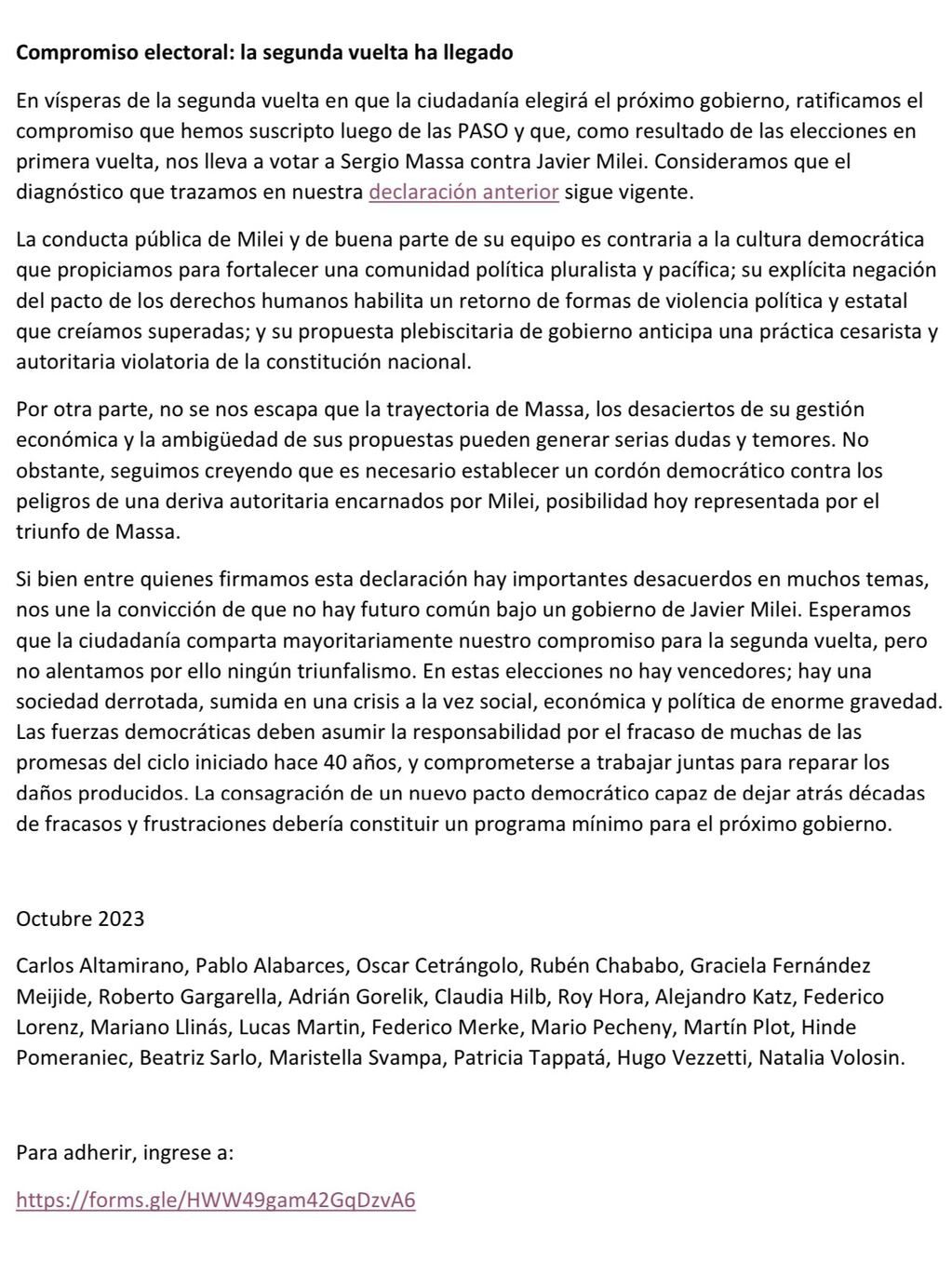 Comunicado firmado por intelectuales en apoyo a Sergio Massa para el balotaje que se realizará el 19 de noviembre. Foto: Natalia Volosin / Redes