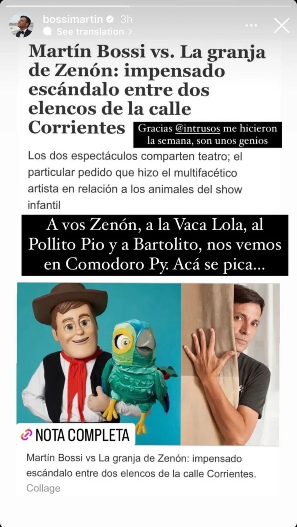 Martín Bossi y su descargo en las redes.