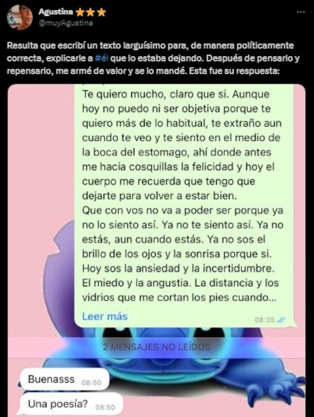 El tuit viral de Agustina. Foto: captura de pantalla.