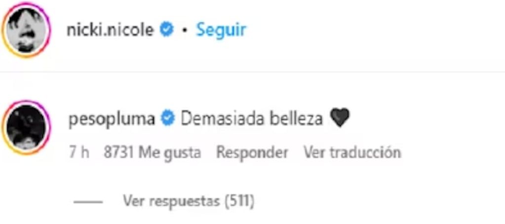 El comentario de Peso Pluma a Nicki Nicole. Fuente: Captura de pantalla