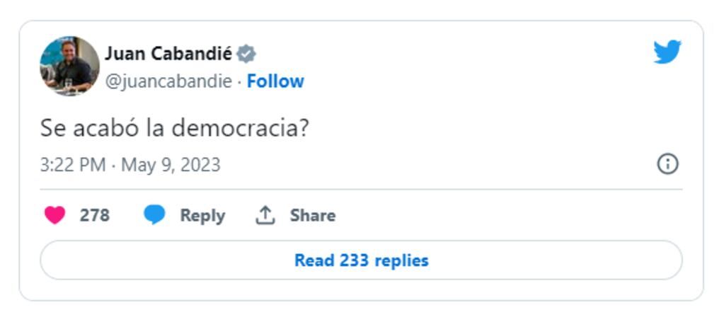 Tuit de Cabandié luego de que la Corte Suprema suspendiera las elecciones en San Juan.