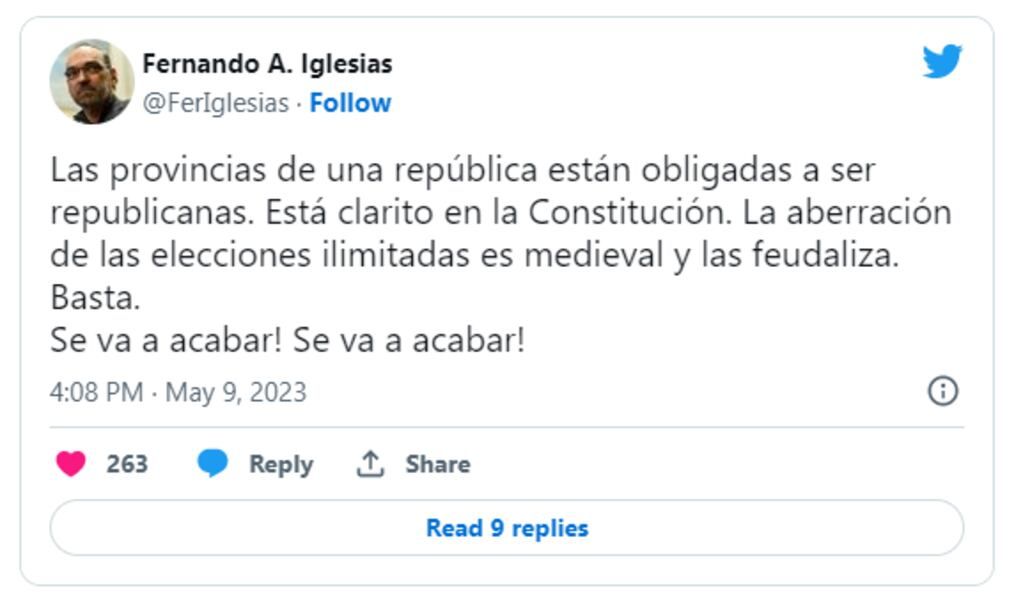 Tuit de Iglesias, luego de que la Corte Suprema suspendiera las elecciones en San Juan.