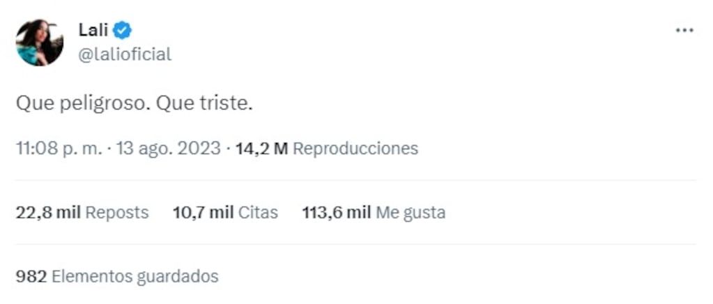 El tweet de Lali tras el resultado de las PASO 2023 (Captura de pantalla)