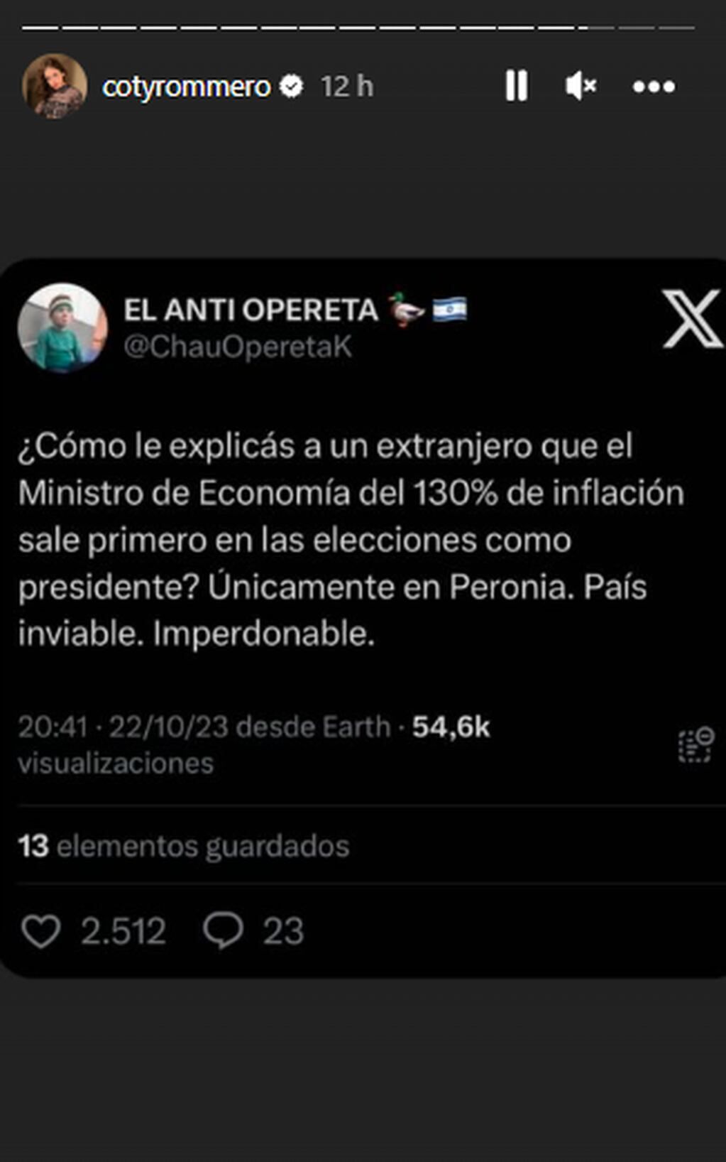Las historias que compartió Coti Romero en su cuenta de Instagram. Foto: captura.
