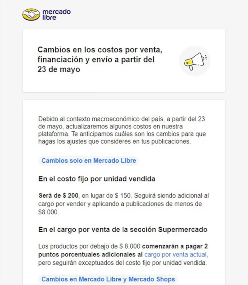 Comunicado de Mercado Libre a los vendedores. Foto: Mercado Libre