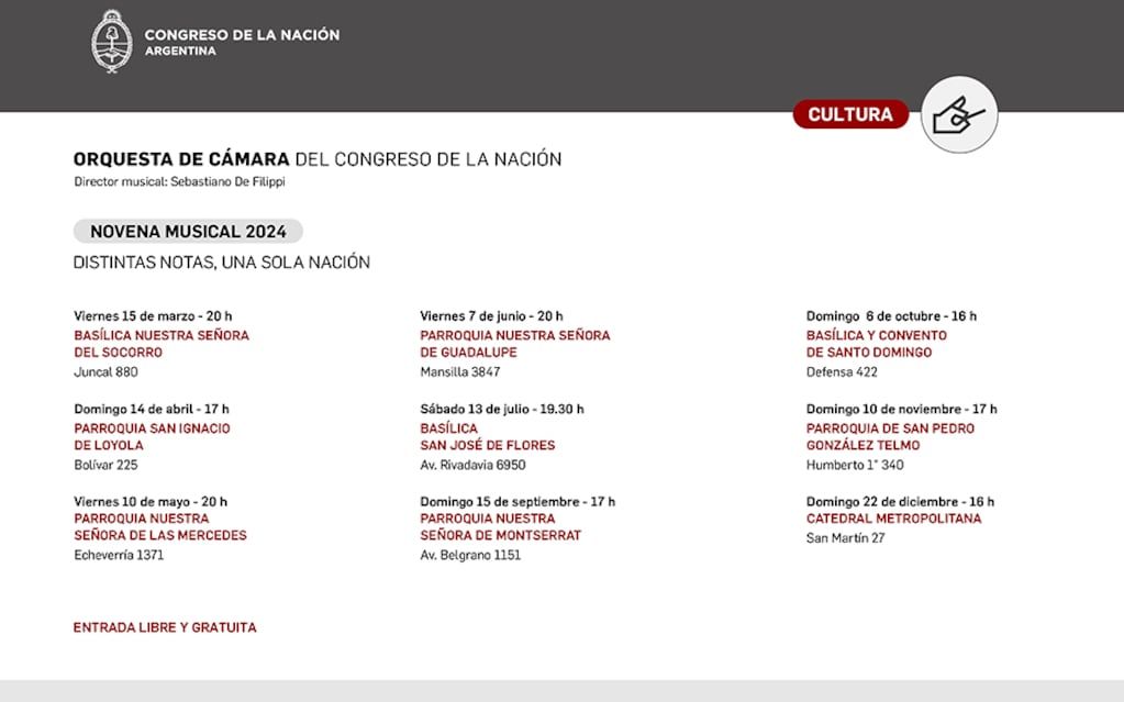 Grilla completa de la "Novena Musical", el ciclo anual de la orquesta en distintas iglesias de Buenos Aires.