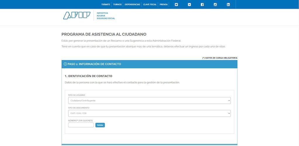 Programa asistancia al ciudadano, deberás dar tus datos, poner el motivo del reclamo, confirmar el contacto e ingresar una clave alfanumérica dada por el sistema.