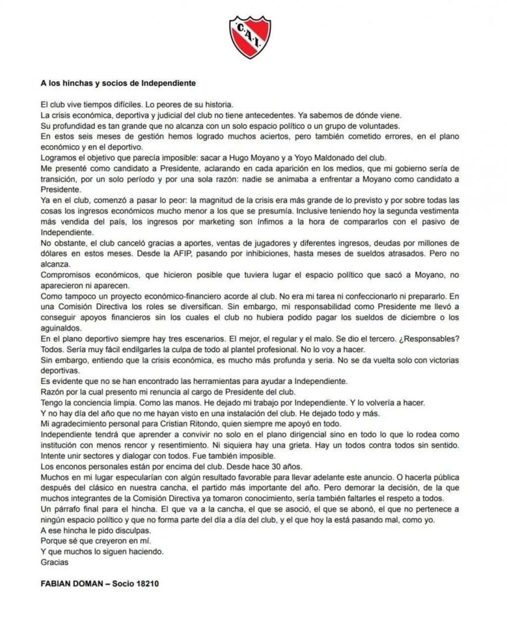 La carta de renuncia de Fabián Doman a la presidencia de Independiente de Avellaneda. / Gentileza.