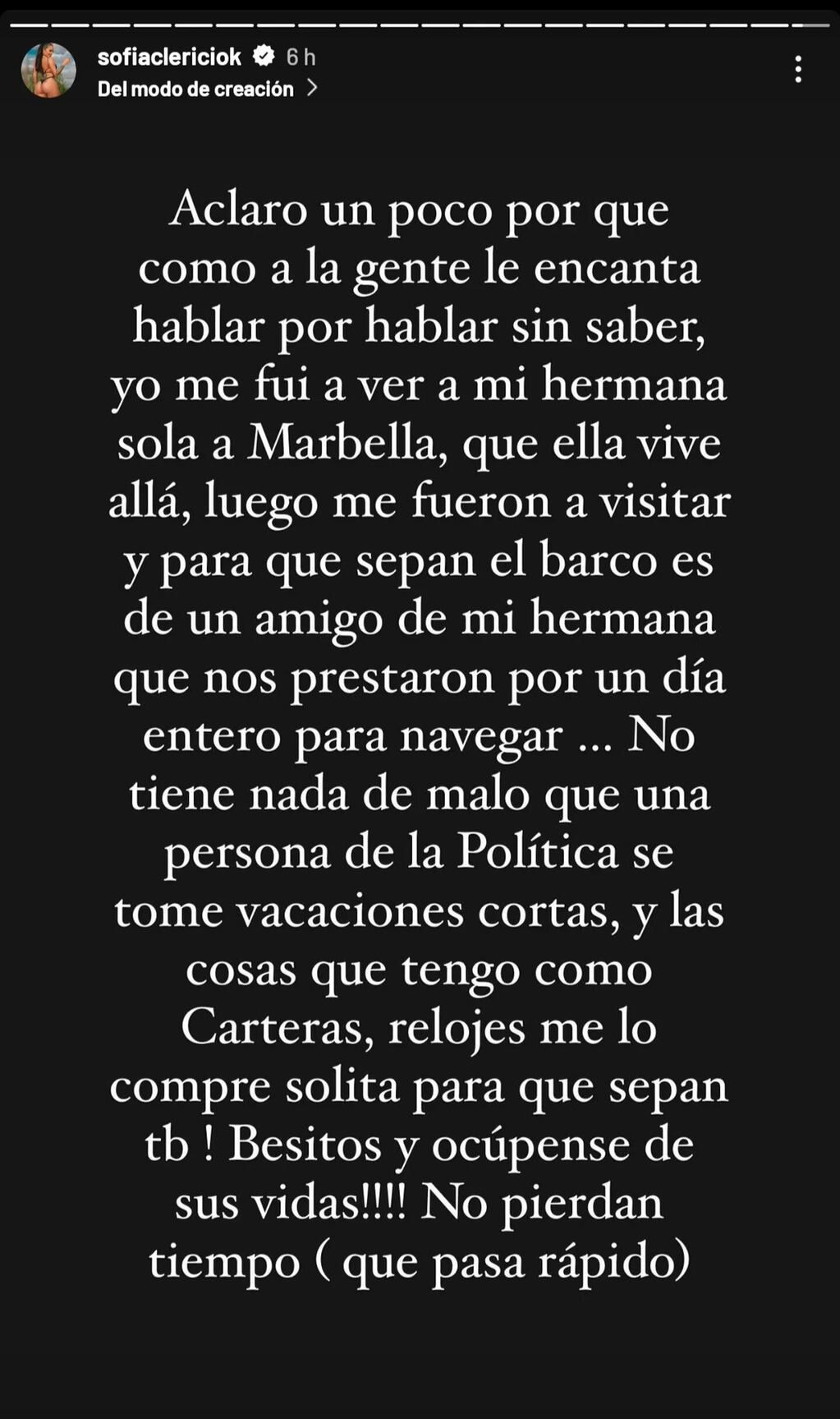 La modelo y mediática Sofía Clarici publicó un mensaje en sus redes sociales y habló del tema.