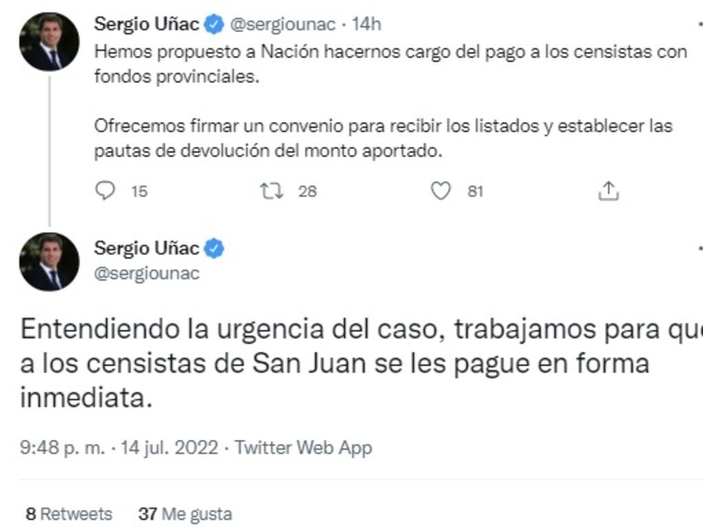 Uñac propuso pagarles a los censistas con fondos provinciales (Twitter)