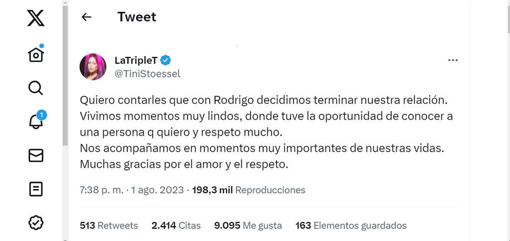 Tini Stoessel confirmó su separación de Rodrigo de Paul. Captura de pantalla.