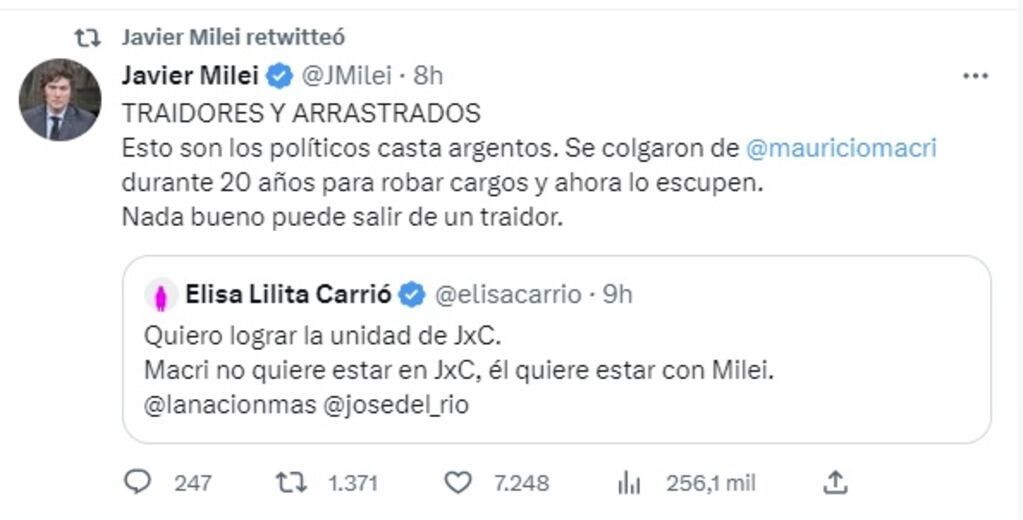 Javier Milei defendió a Mauricio Macri de los dichos de Elisa Carrió (Twitter)