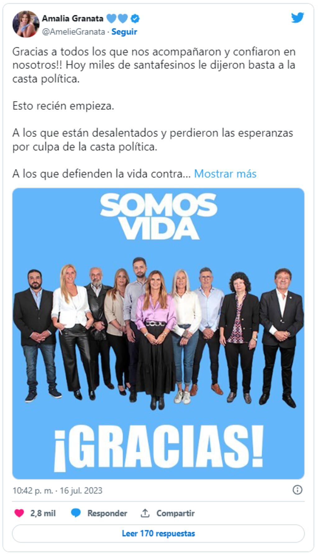 La dirigente agradeció a sus votantes con un fuerte mensaje de “basta a la casta política”. Foto: Twitter / @AmelieGranata