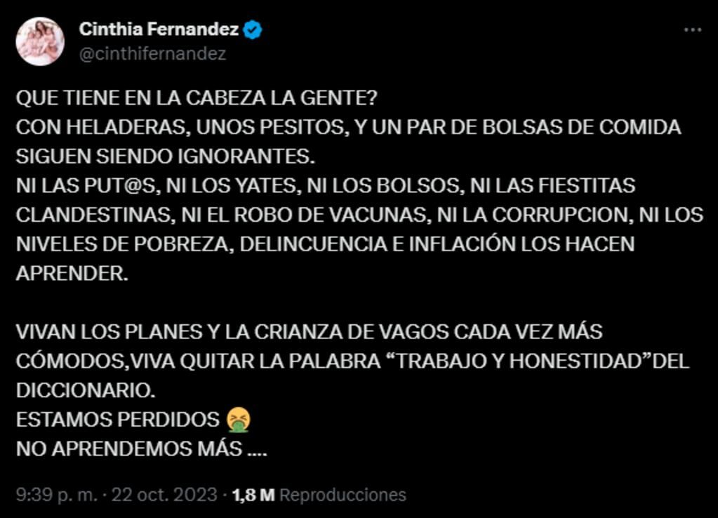La furia de Cinthia Fernández en X. Foto: captura.