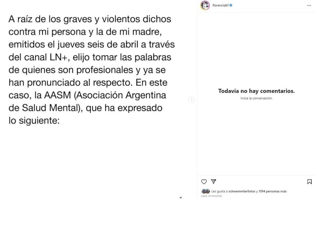 El posteo en Instagram de Florencia Kirchner refiriéndose a los dichos de Viviana Canosa y Laura Di Marco. Gentileza: Página 12.