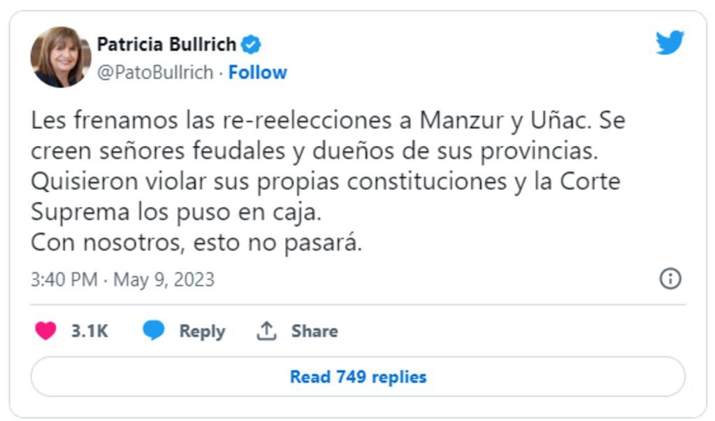 Tuit de Patricia Bullrich luego de que la Corte Suprema suspendiera las elecciones en San Juan.