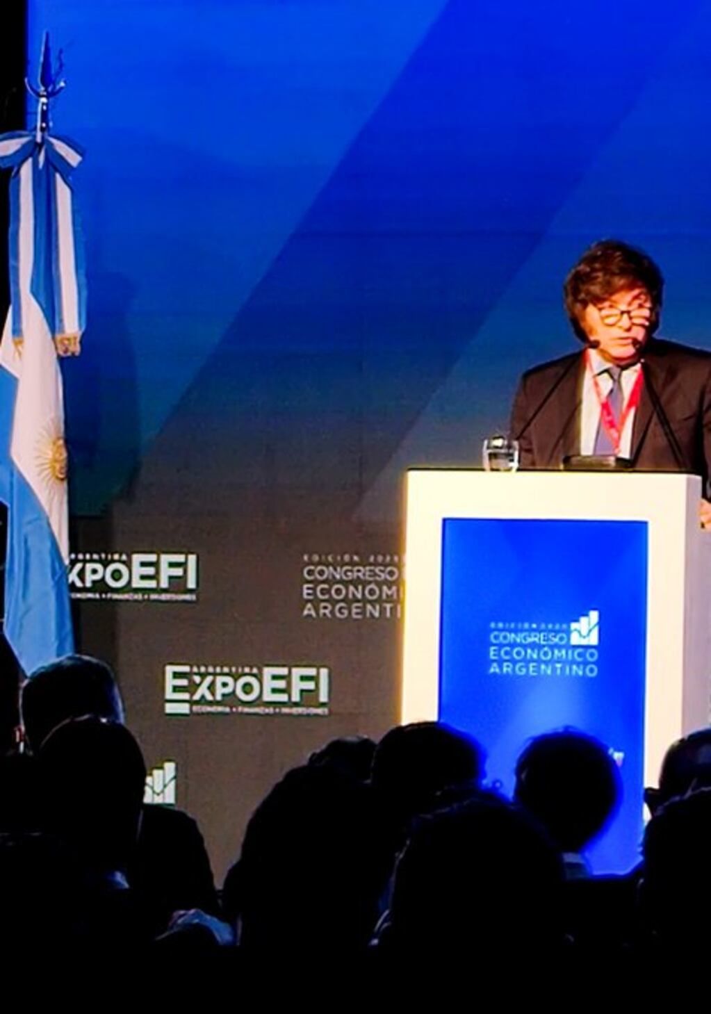 El candidato presidencial de La Libertad Avanza durante su discurso en la Expo EFI, en La Rural. Foto: Twitter / @EleoValentini