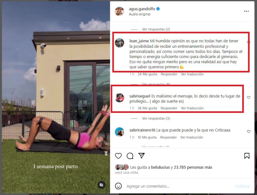 Agustina Gandolfo enfrentó las críticas por su rápida recuperación tras el embarazo.