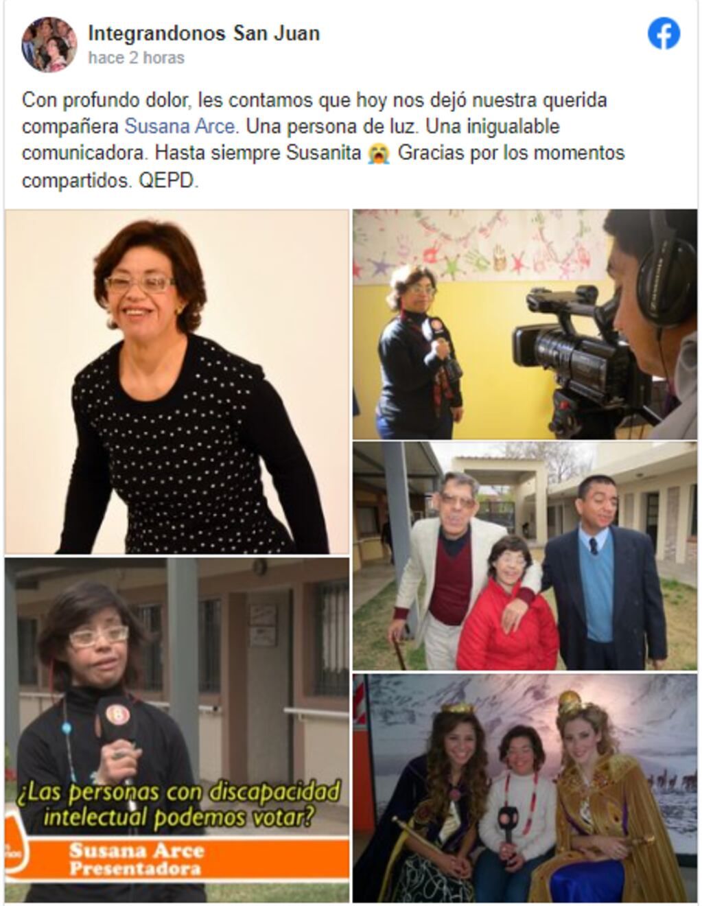 "Integrándonos San Juan" despidió con profundo dolor a su presentadora Susana Arce, quien falleció este jueves. - Facebook