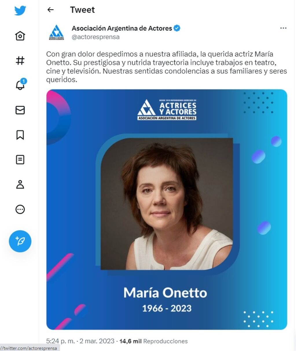 Murió la actriz María Onetto