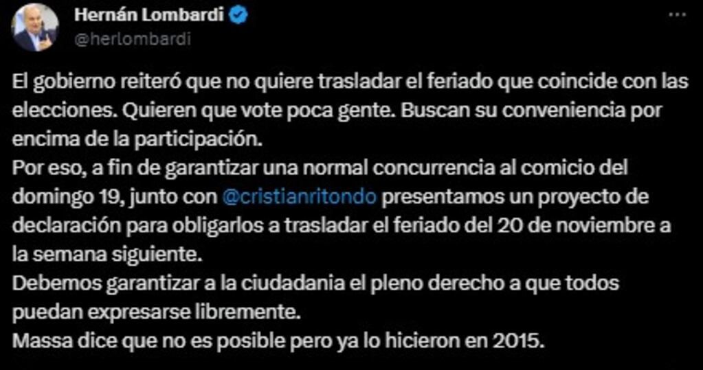 Hernán Lombardi anunció el proyecto en su cuenta de X. Captura.