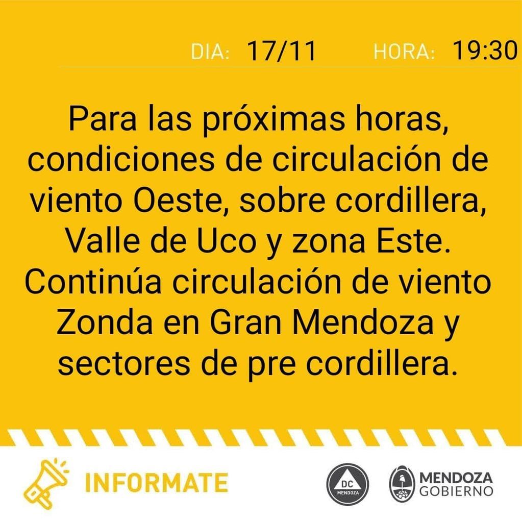 Comunicado de Defensa Civil para la tarde-noche de este viernes 17/11/2023.