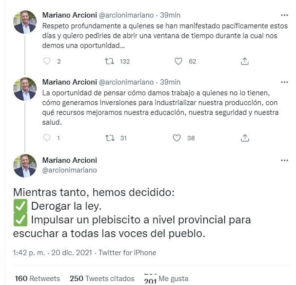 El gobernador de Chubut, Mariano Arcioni, anunció la derogación de la ley minera y un llamado a plebiscito (Twitter)