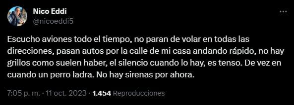 Escalofriante relato de un mendocino en Israel: “Hoy corrí por primera vez a un búnker”. Foto: X @nicoeddi5