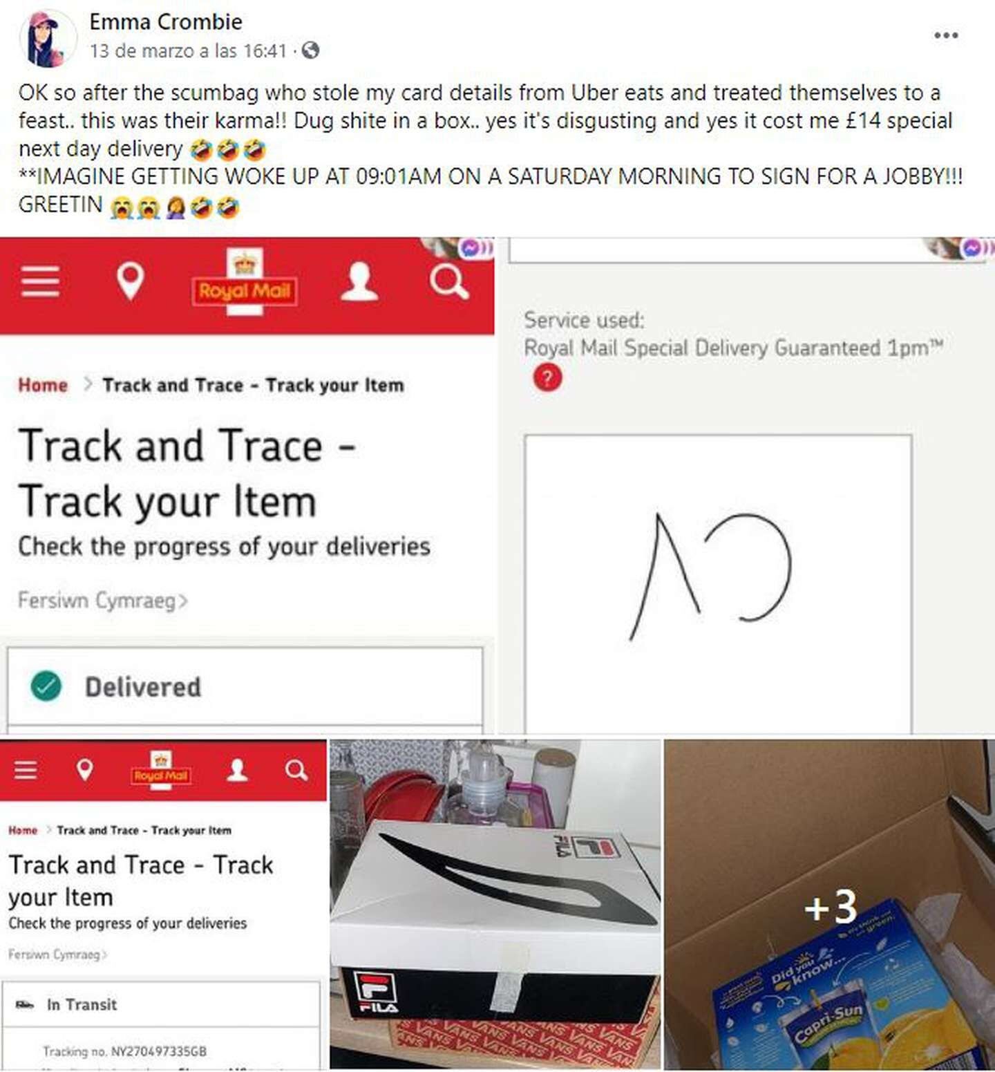 La publicación que realizó la víctima en sus redes sociales