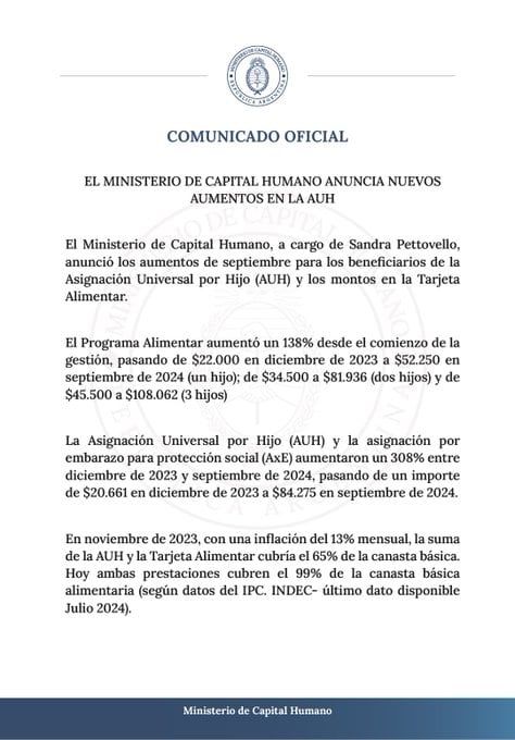Capital Humano anunció nuevos aumentos en la AUH. Imagen: X / @MinCapHum_Ar