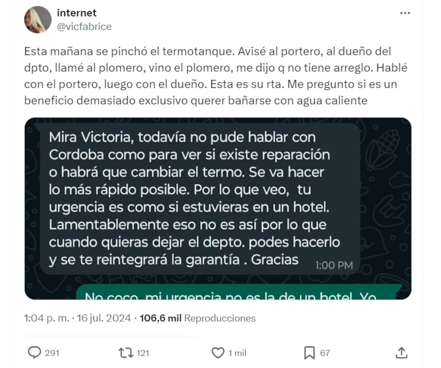 La insólita respuesta de un propietario ante el problema de su inquilina: ‘’Tu urgencia parece la de un hotel’'