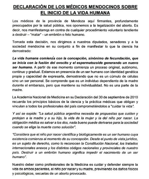 Un fragmento de la carta contra el aborto que firmaron más de 1.000 médicos de Mendoza.