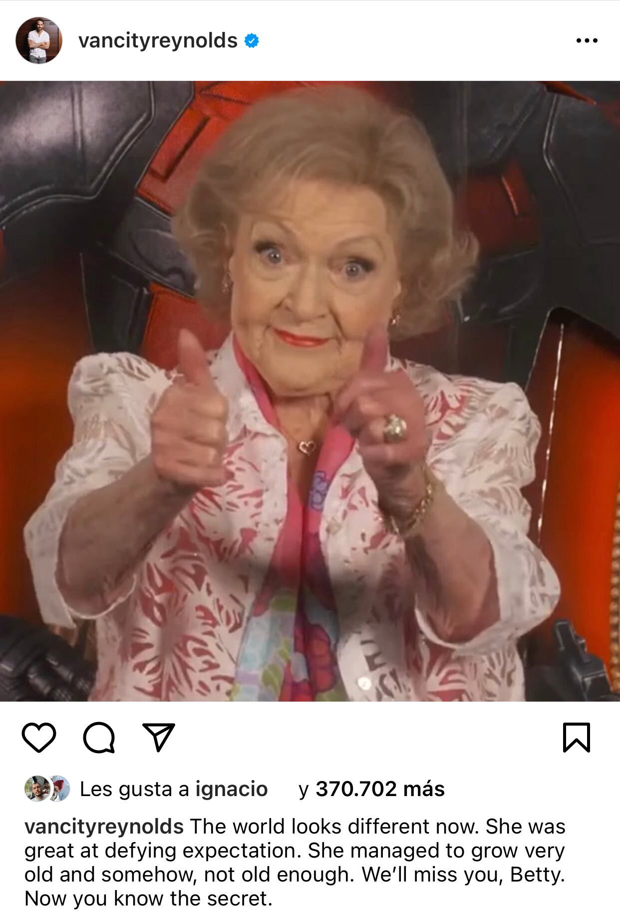 El actor Ryan Reynolds dedicó un conmovedor mensaje en recuerdo de Betty White