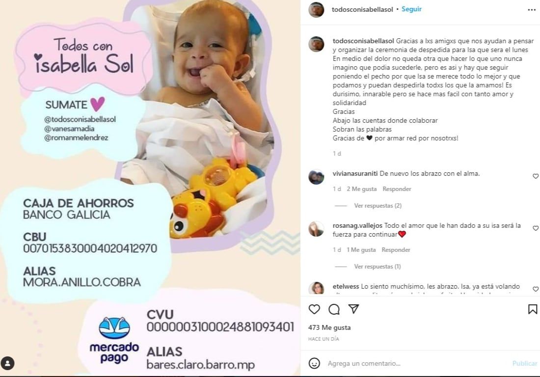 Los padres de la beba fallecida iniciaron una campaña para recaudar fondos y porder afrontar los gastos de sepelio.