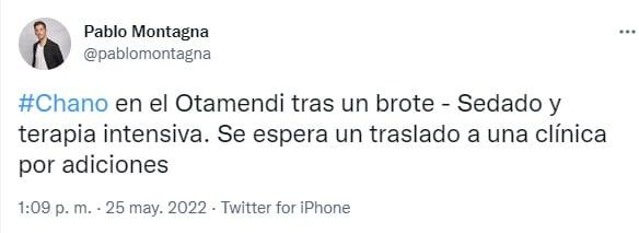 Chano volvió a ser internado en el sanatorio Otamendi (Twitter @pablomontagna)