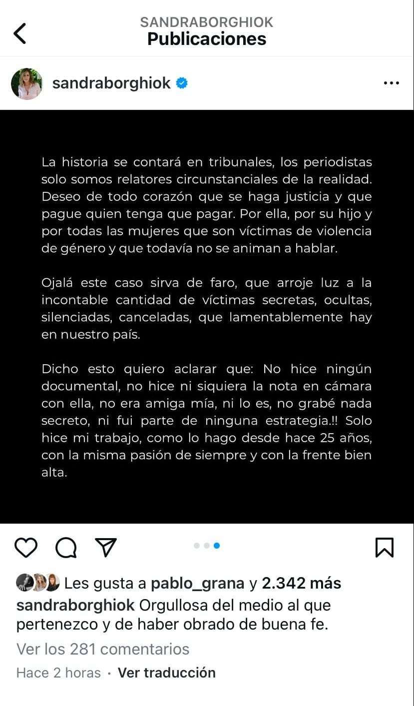 El descargo de Sandra Borghi en redes sobre la denuncia de Fabiola Yañez contra Alberto Fernández. Captura de Instagram.