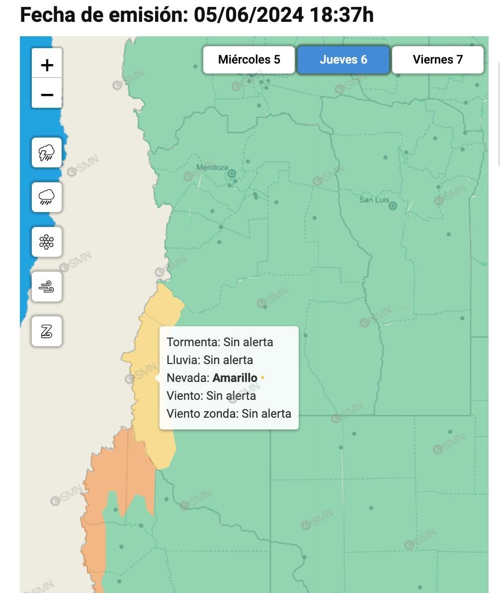 Alerta amarilla en la zona de cordillera de Malargüe y San Rafael.