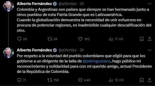 Alberto Fernández defendió en sus redes a Petro del "inadmisible agravio" de Milei.
Foto: captura.