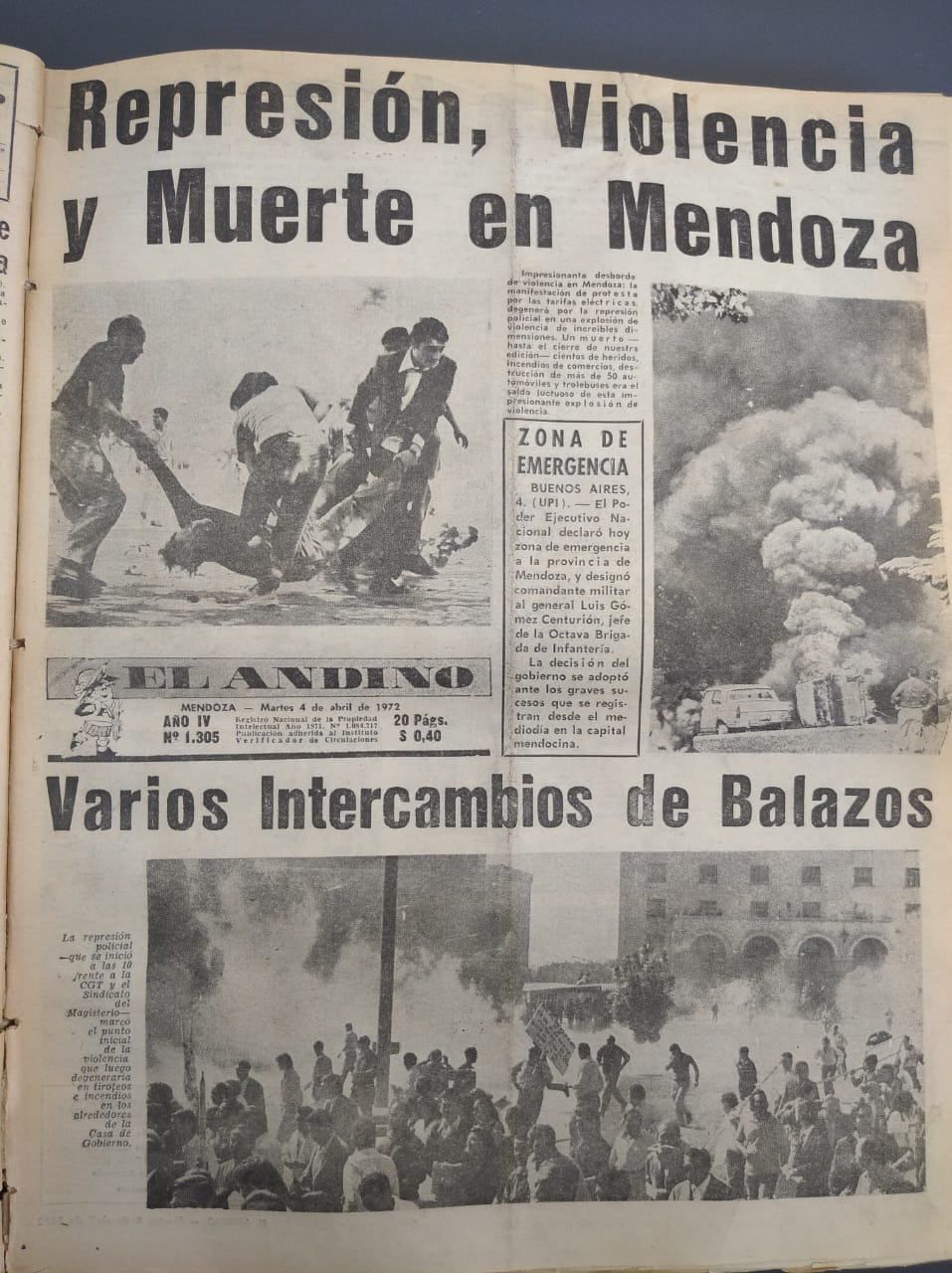 Mendozazo Primera víctima de la represión a las manifestaciones. Tapa del diario El Andino.