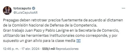 El Gobierno dispuso que las prepagas ajusten las cuotas por inflación con base en diciembre de 2023 - X Luis Caputo