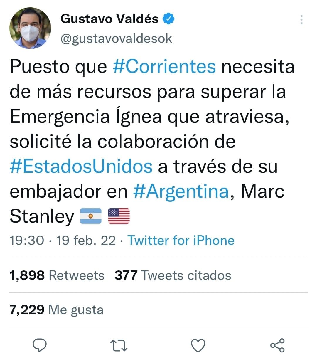 Gustavo Valdés le pidió ayuda a Estados Unidos para combatir el fuego.