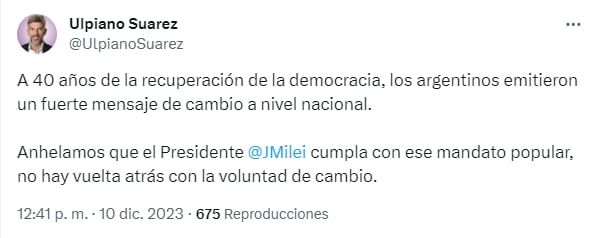 Ulpiano Suárez, intendente de la Ciudad de Mendoza espera que Milei cumpla con el mandato popular a la hora de encarar los cambios.