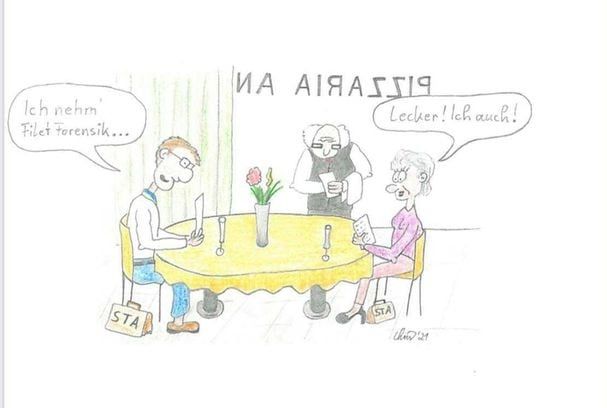 El dibujo de Christian Brueckner. Es un boceto de los fiscales Brunswick Hans Christian Wolter y Ute Lindemann pidiendo un “análisis forense de filetes” en un restaurante. Con esa caricatura, Brueckner ilustra la supuesta falta de pruebas en su contra. - Bild /