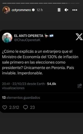 Las historias que compartió Coti Romero en su cuenta de Instagram. Foto: captura.
