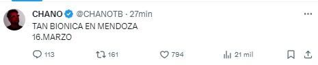 Chano anunció que Tan Biónica se presentará en Mendoza. / Redes sociales