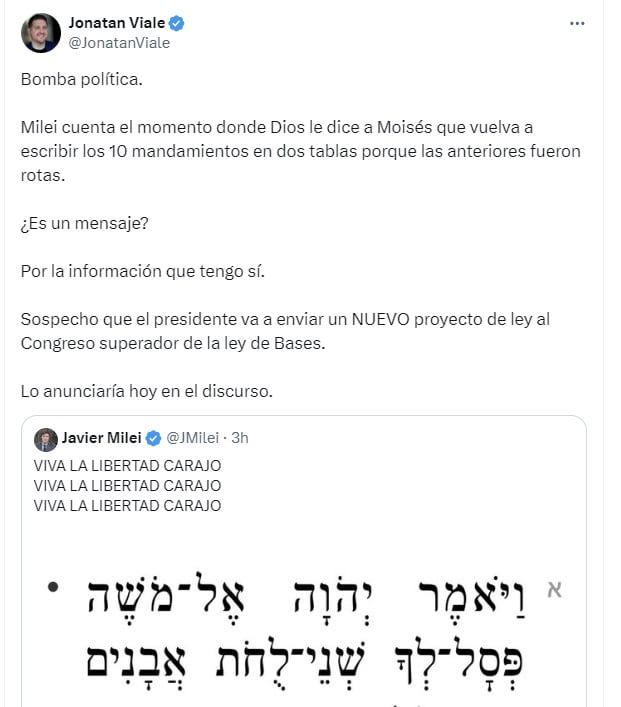 El periodista Jonatan Viale habla del mensaje en hebreo de Javier Milei (X)
